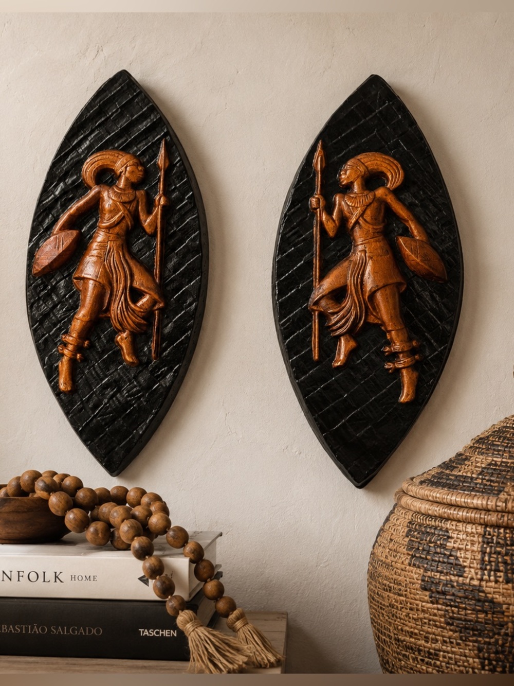 Vintage Hand-Carved African Warrior Wall Plaques • Tribal Spear & Shield Art